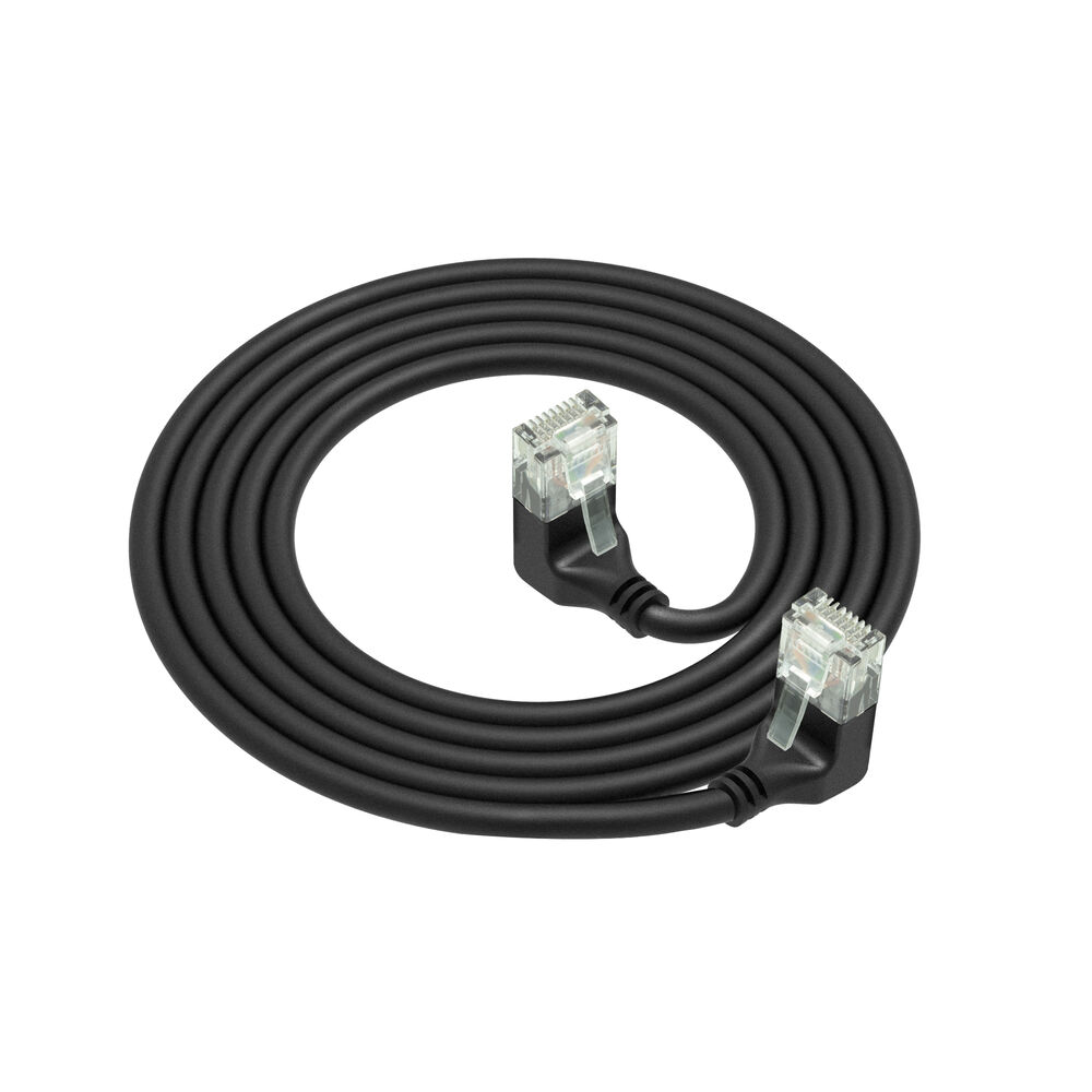 Black 0.15 meters U/UTP CAT6A LSZH Slimline patch cable with RJ45 connectors 90° angled down to 90° angled down