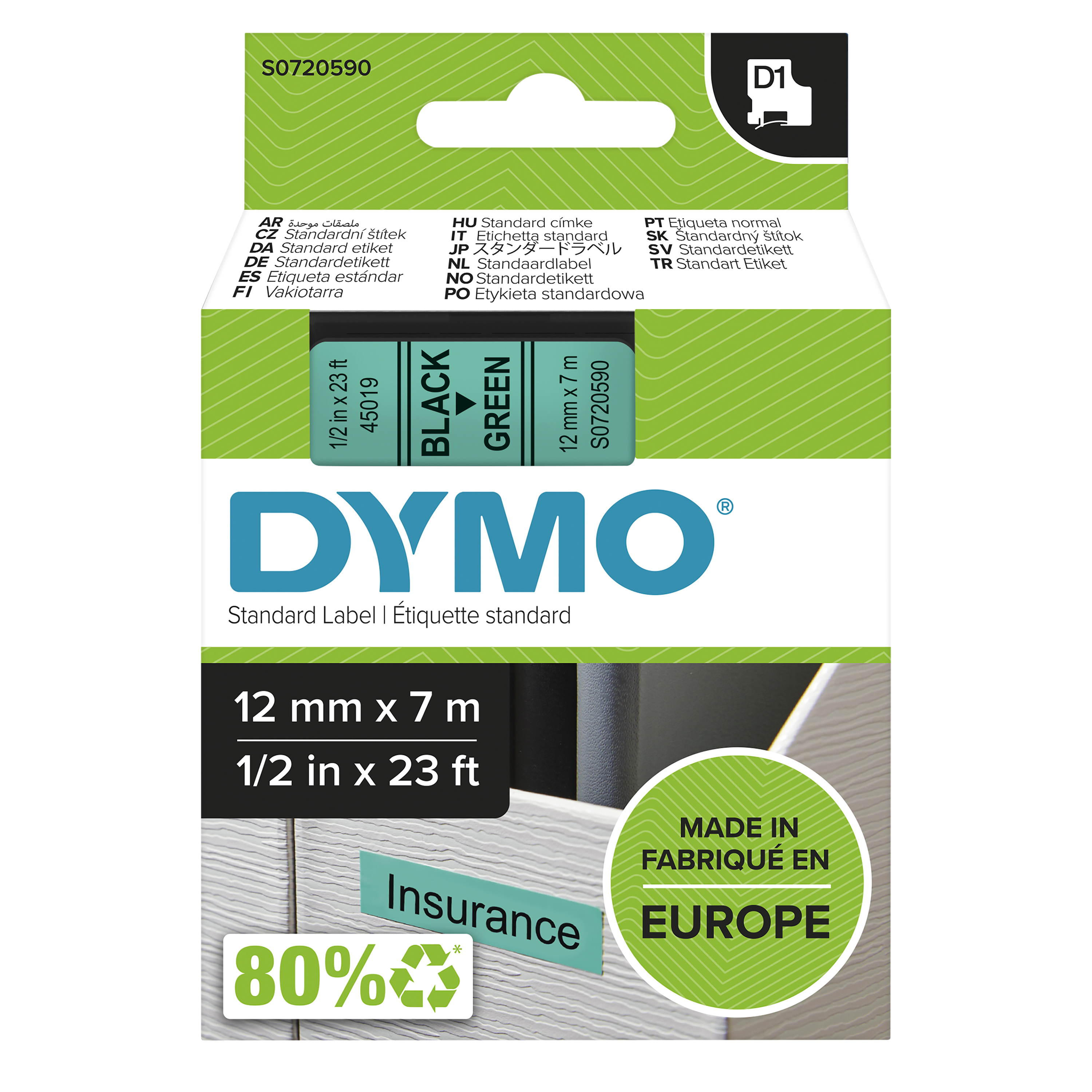 Dymo LabelWriter - D1 Etiketten Selbstklebend - 12 mm x 7 m - Schwarz auf Grün - (S0720590)