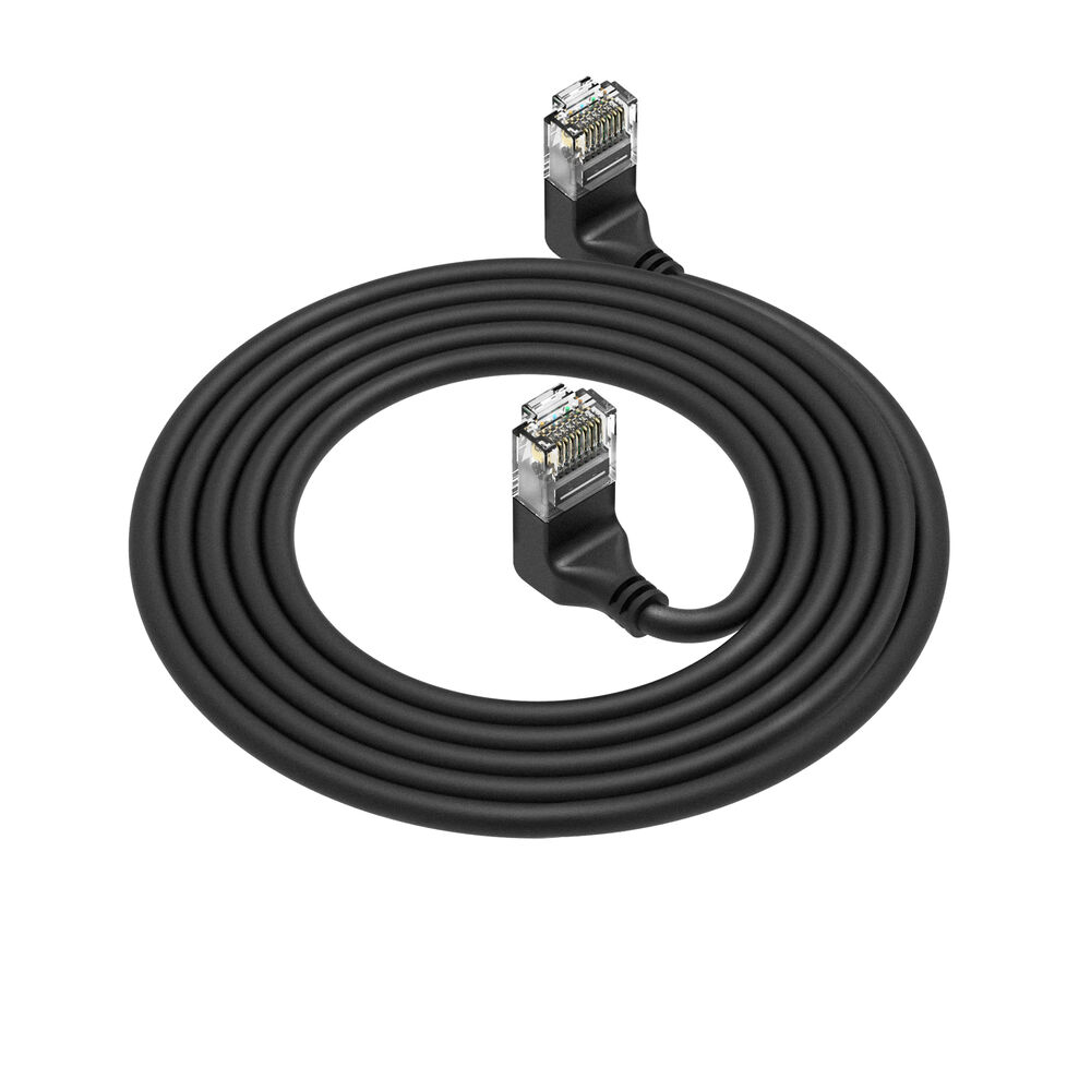 Black 0.15 meters U/UTP CAT6A LSZH Slimline patch cable with RJ45 connectors 90° angled up to 90° angled up