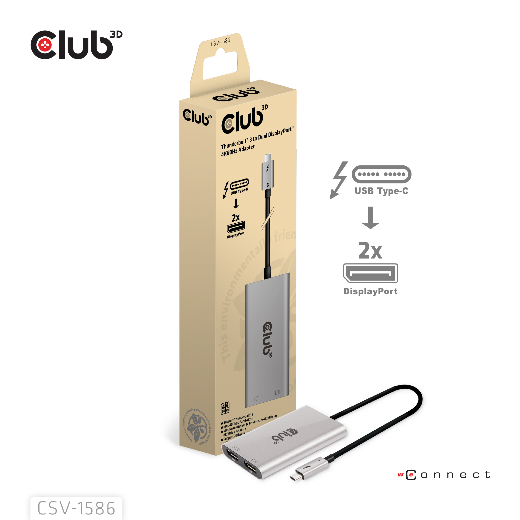 Club3D Thunderbolt 3 til 2xDisplayport - 4K (Dual monitor)