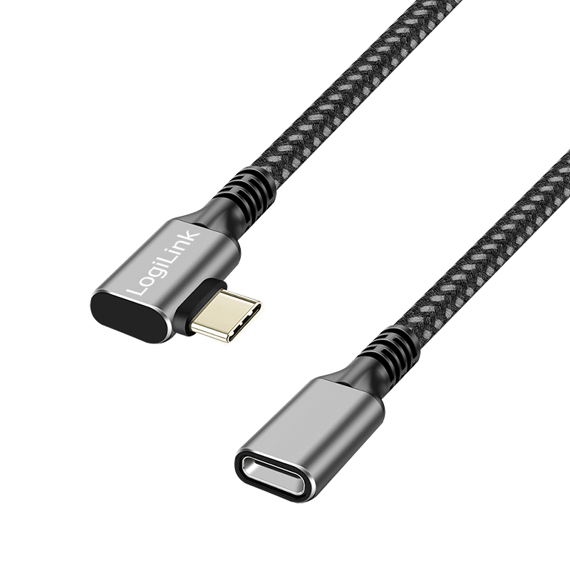 USB 3.2 Gen1 Type-C cable, C/M 90° to C/F, 5 Gbps,100W,nylon,alu,black/grey,2 m