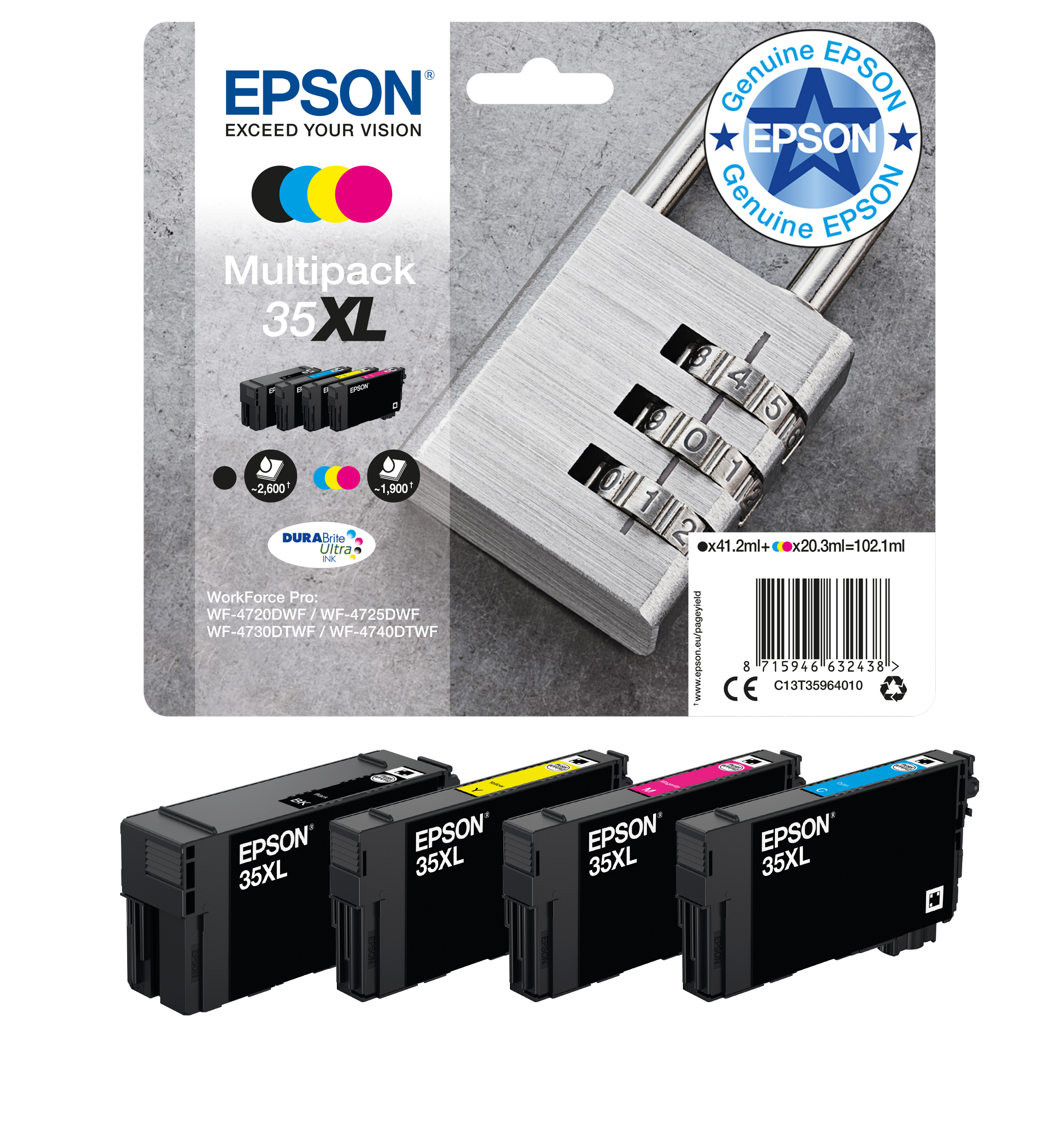 Epson Tinte 35XL C13T35964010 4er Multipack (BKMCY) bis zu 1.900 Seiten