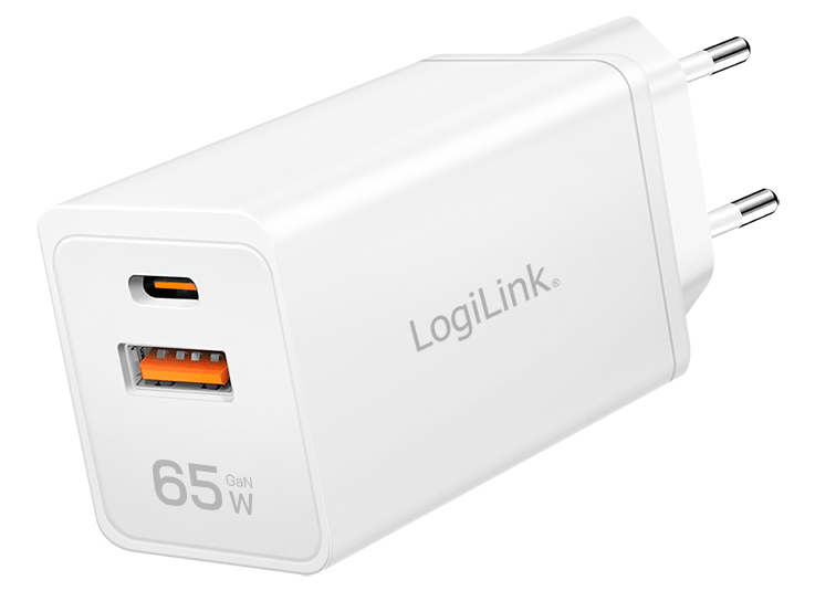 Logilink USB-A/C charger, 65 W, GaN, 1x USB-A (QC), 1x USB-C (PD), White