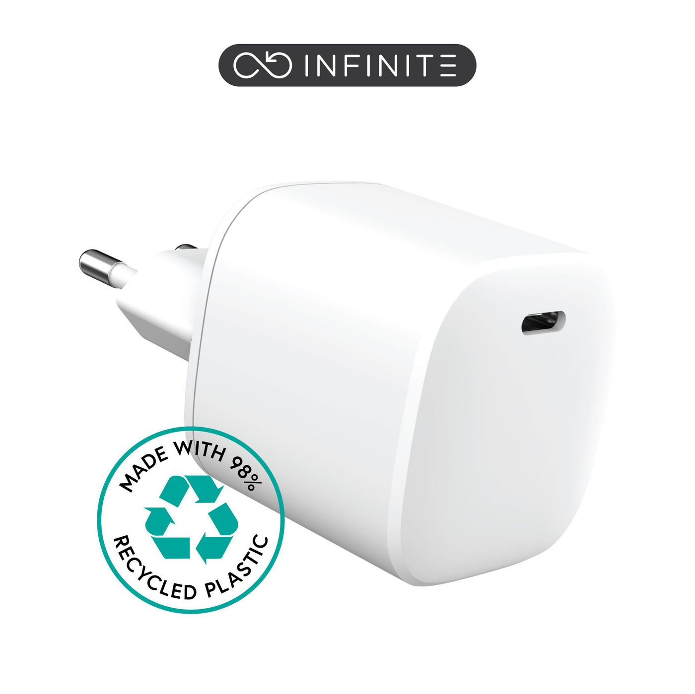 eStuff INFINITE Netzteil GaN, 100 % recycelter Kunststoff 45 Watt 3 A Apple Fast Charge, PD 3,0, QC 3.0 (24 pin USBC) wei (ES637045)