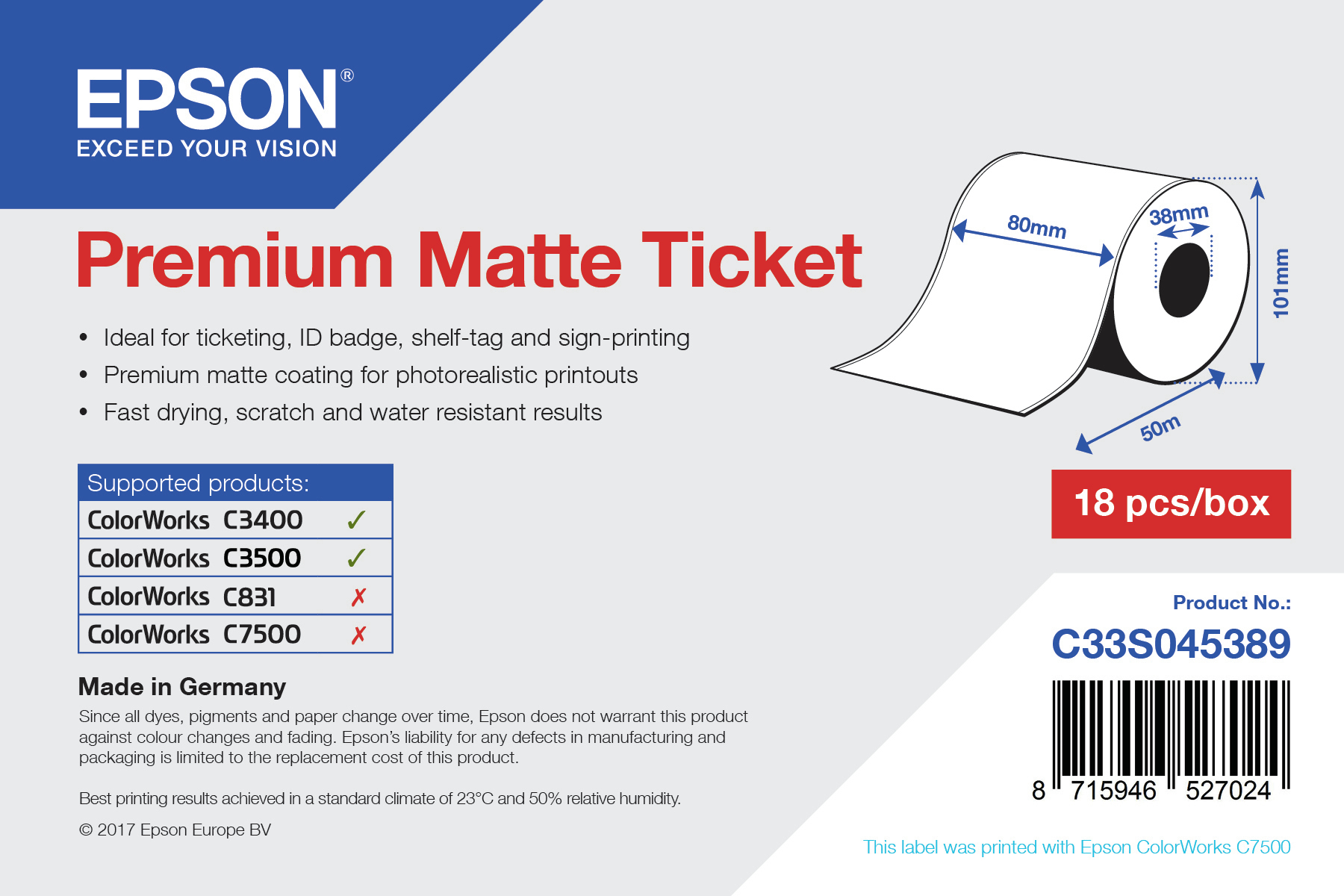 Epson Premium, 80mm x 50m, 107 g/m² Ticket