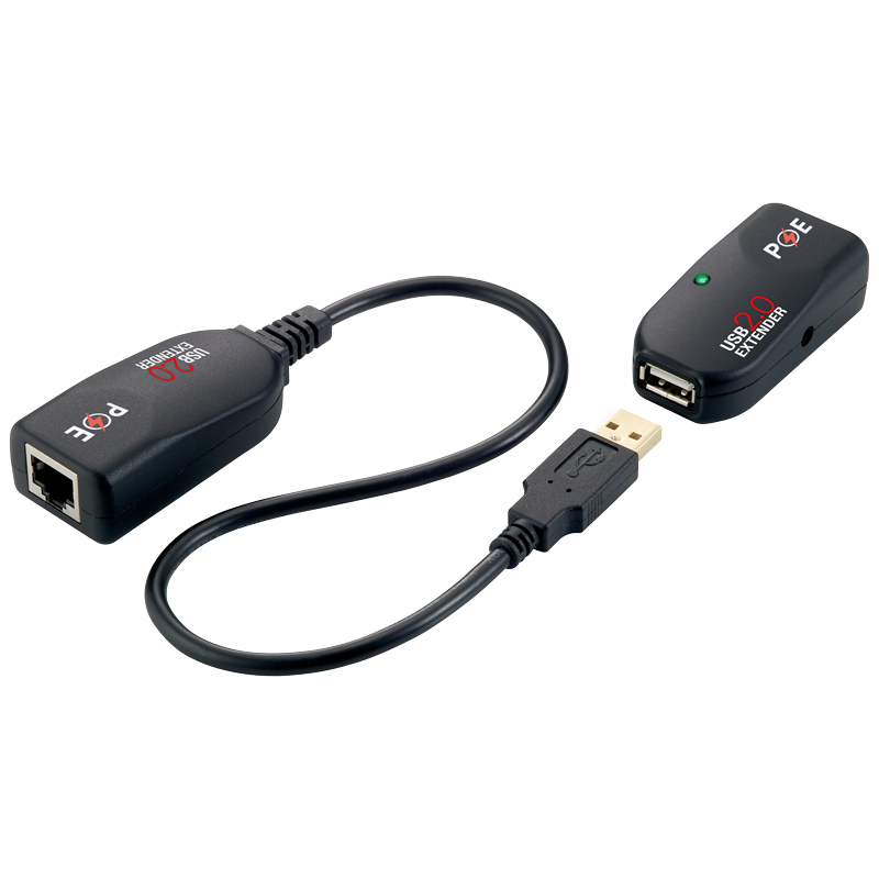 USB 2.0 Cat.5 extender, 50 m, pigtail, POC, black