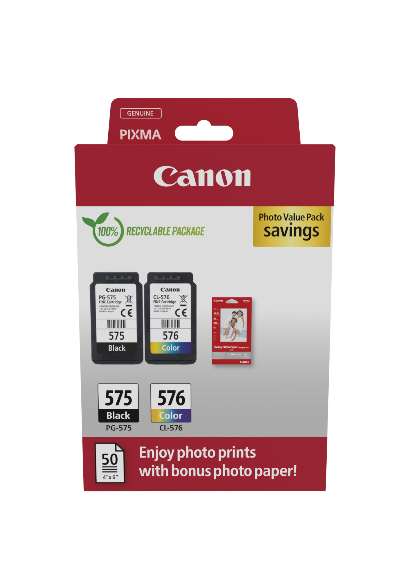 Canon PG-575/CL-576 Photo Paper Value Pack Sort Farve (cyan, magenta, gul) Blækpatron/papirsæt