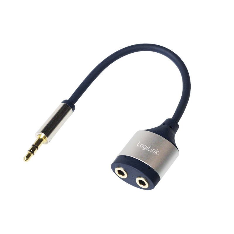 Audio cable, 3.5 mm 3-pin/M to 2x 3.5 mm/F, metal, blue, 0.18 m