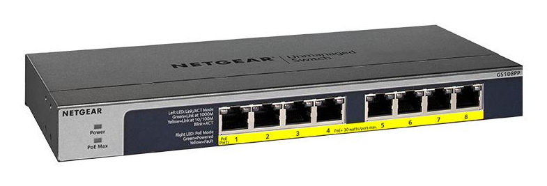 Netgear 1000T 8P GS108PP GS108PP, Unmanaged, Gigabit  Ethernet (10/100/1000), Full duplex, Power over Ethernet (PoE), Rack mounting,
