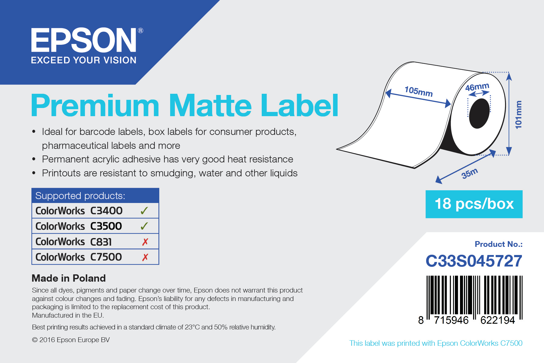 EPSON Premium Matte Label 105mmx35m Continuous Roll