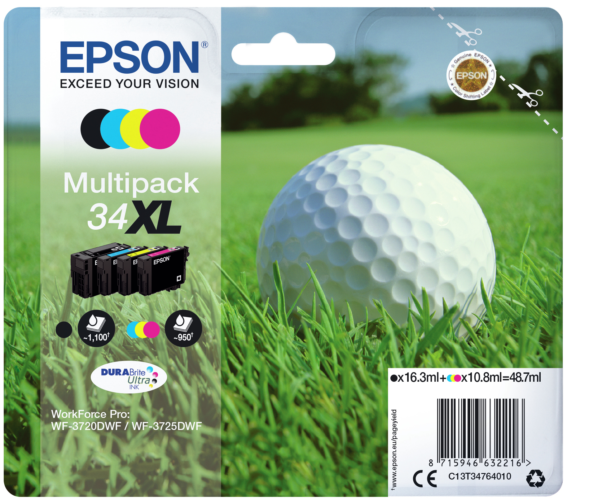 EPSON 34XL 4-pack XL black yellow cyan magenta blister with RF/acoustic alarm ink cartridge for Pro WF-3720DWF WF-3725DWF