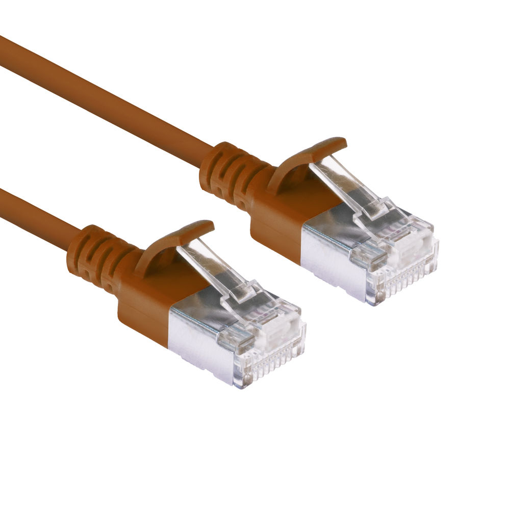 Brown 0.15 meter LSZH U/FTP CAT6A datacenter slimline patch cable snagless with RJ45 connectors