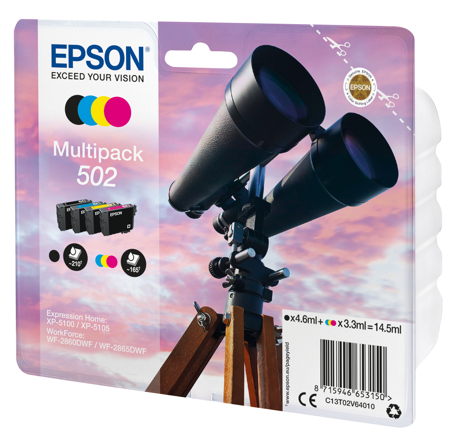 Epson 502 Multipack Sort Gul Cyan Magenta Blæk C13T02V64020