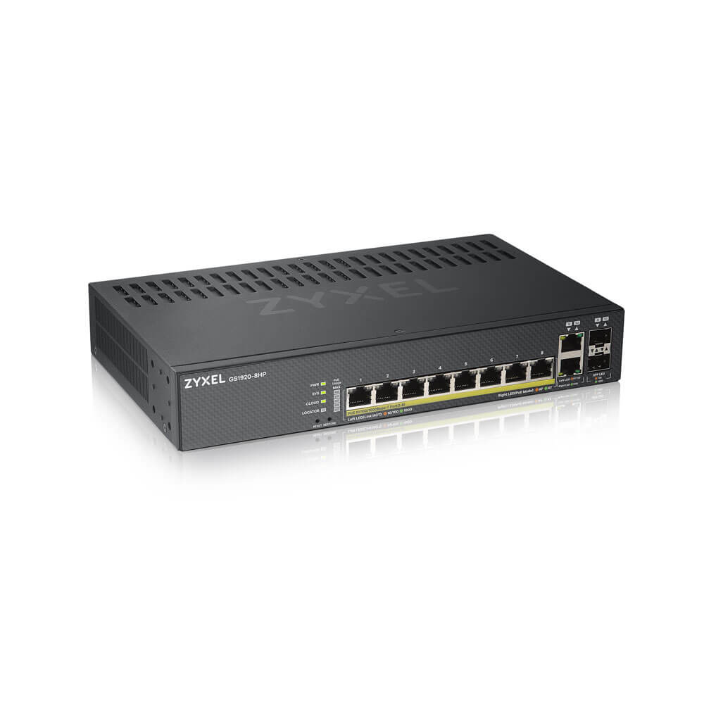 Zyxel GS1920-8HPv2, 10 Port Smart  Managed Switch 8x Gigabit  Copper and 2x Gigabit dual pers., hybrid mode, standalone or NebulaFlex Cloud,