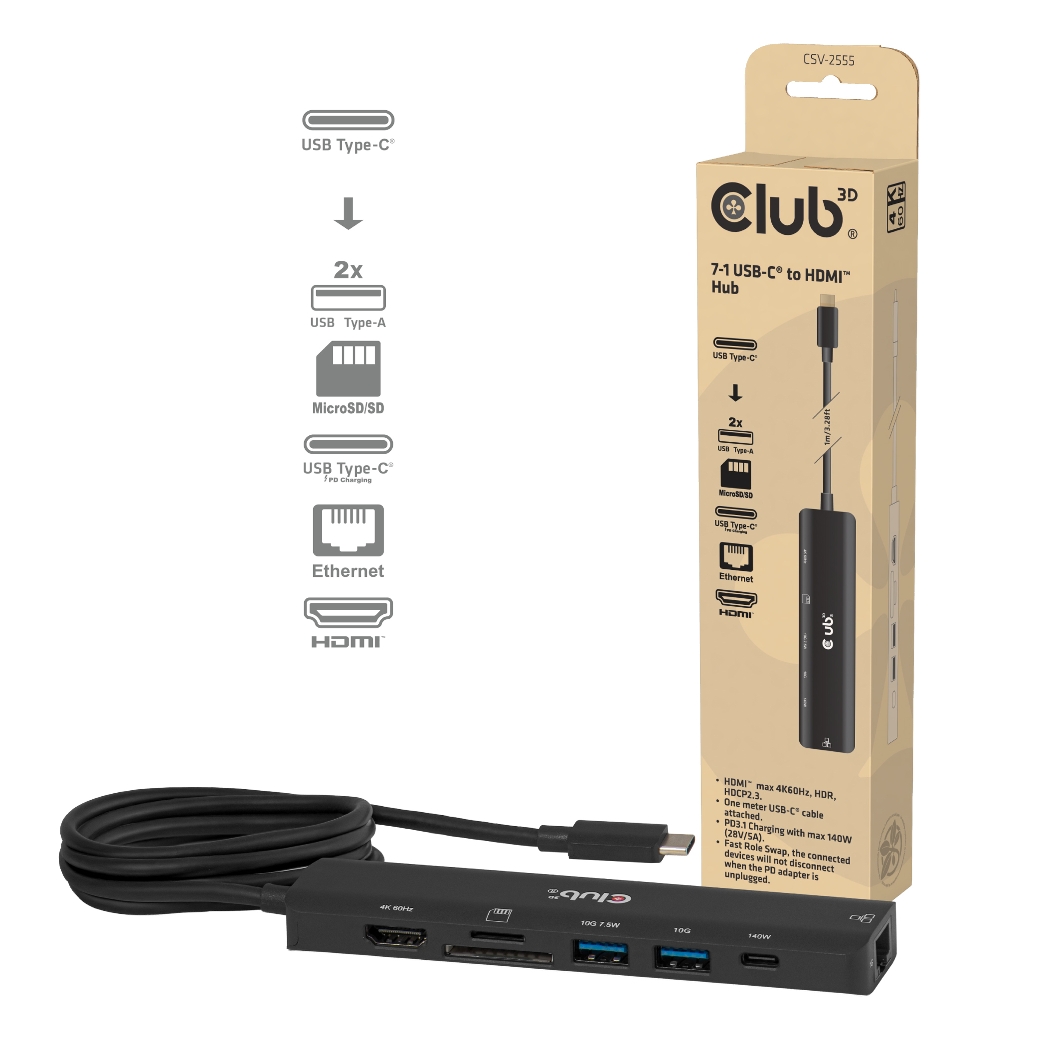 Club 3D CSV-2555 USB-C gen 1 USB Hub Sort