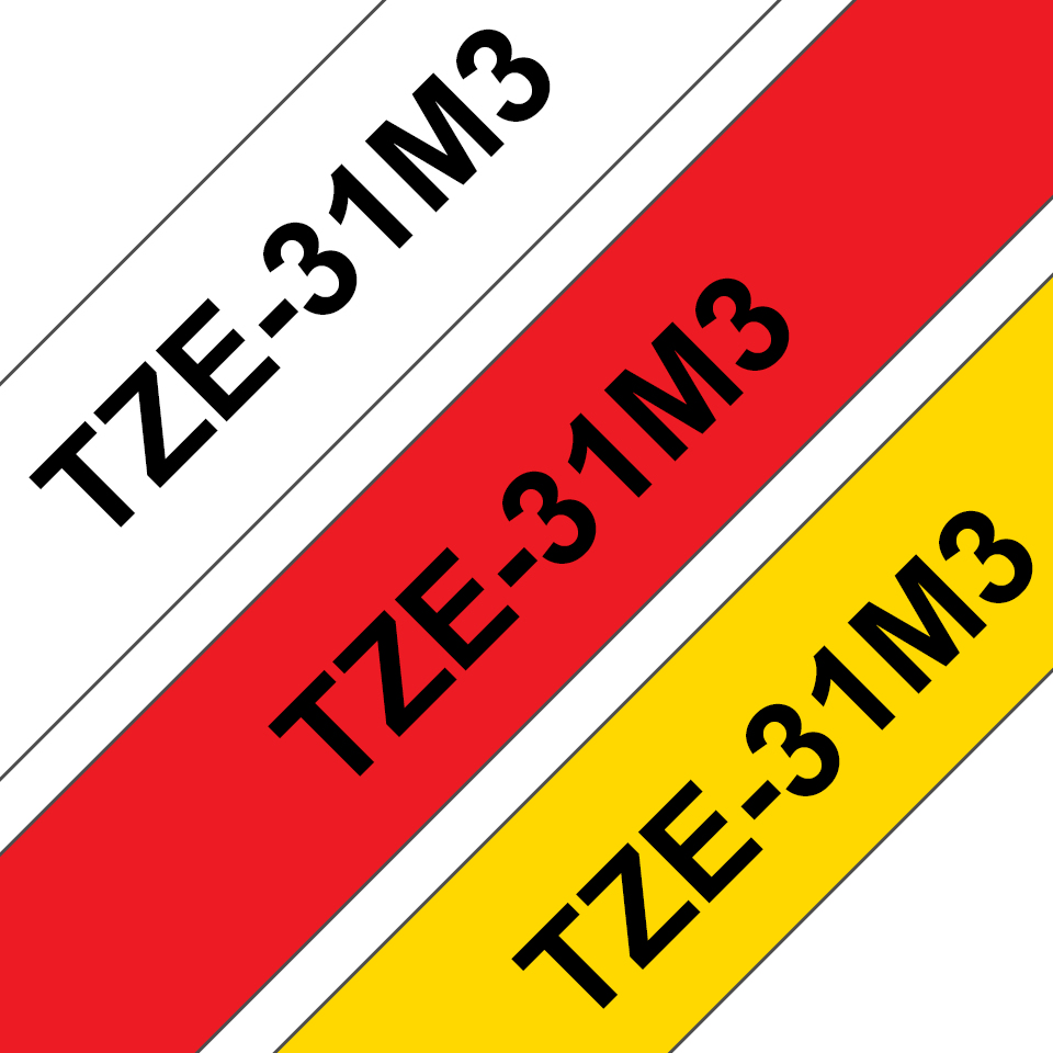 BROTHER TZE31M3 Schriftbandkassette 12mmx8m 3er Pack TZ231 weiss schwarz TZ431 rot schwarz TZ631 gelb schwarz laminiert