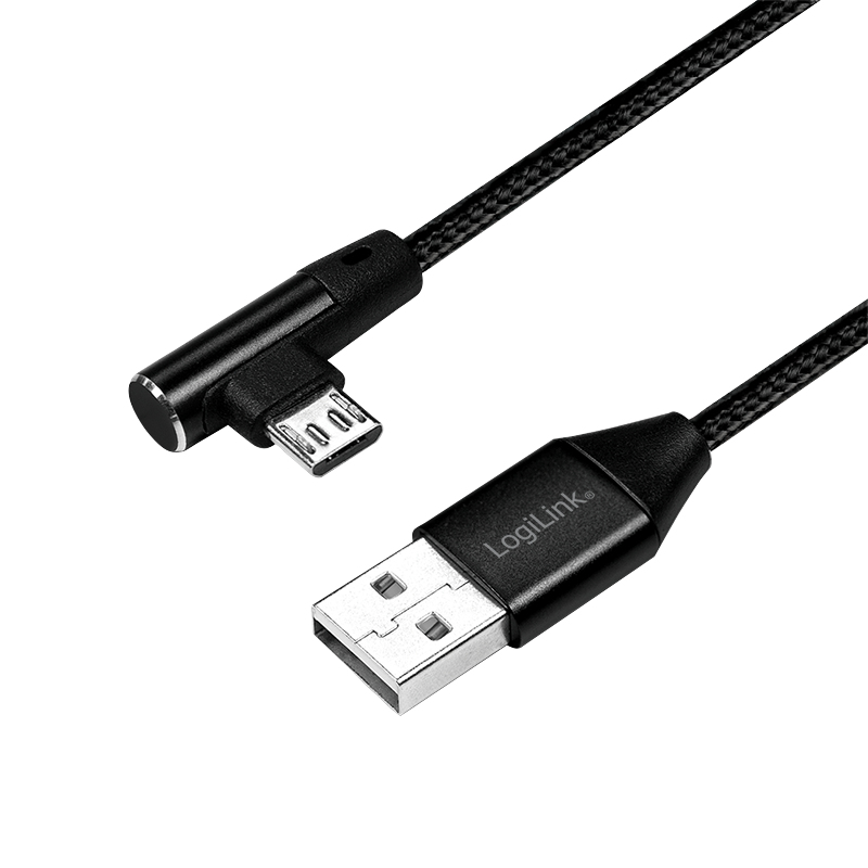 USB 2.0 cable, USB-A/M to Micro-USB/M (90°),fabric, metal, black, 1 m
