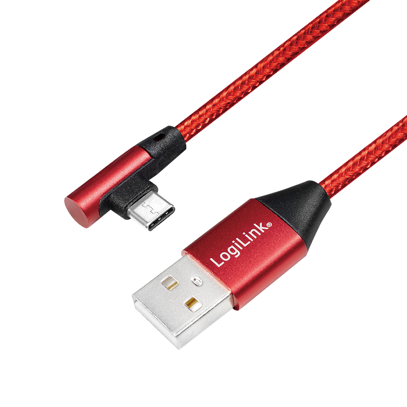 Logilink USB 2.0 Type-C cable, C/M (90°) to A/M, fabric, red, 1 m