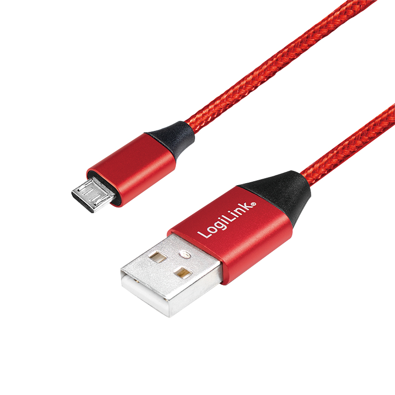 USB 2.0 cable, USB-A/M to Micro-USB/M, fabric, metal, red, 0.3 m