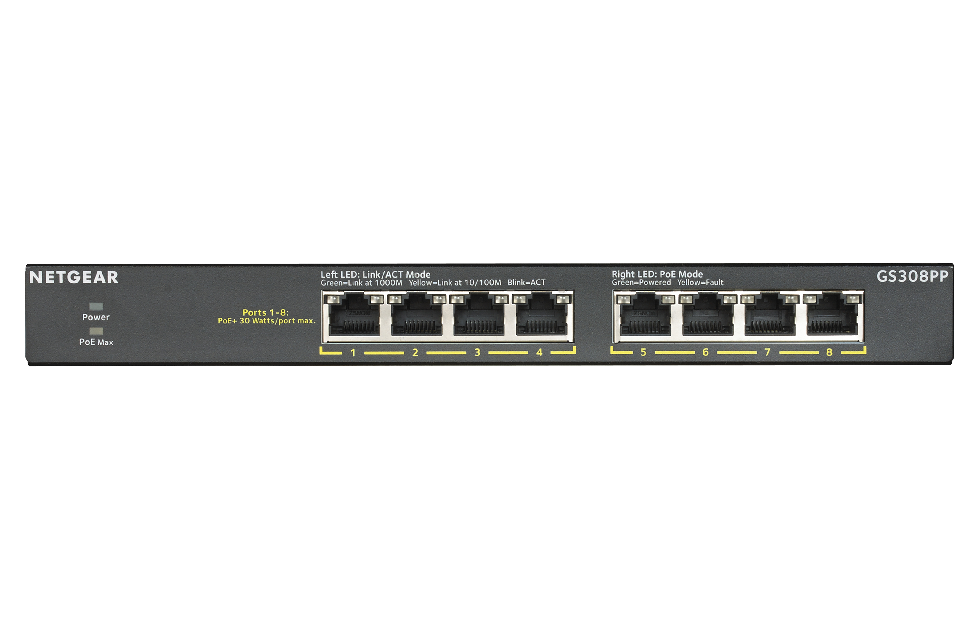 Netgear 8-PORT GB POE+ FLEX SWITCH GS308PP, Unmanaged, Gigabit  Ethernet (10/100/1000), Full duplex, Power over Ethernet (PoE), Wall mountable