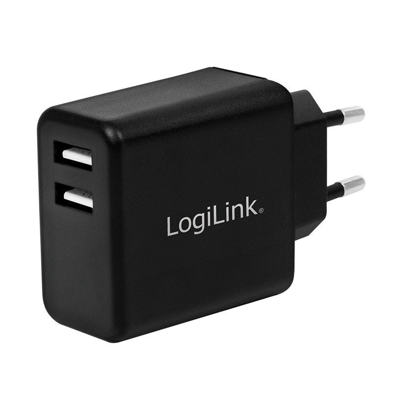 USB-A charger, 12 W, 2-port, 2x USB-A, Black