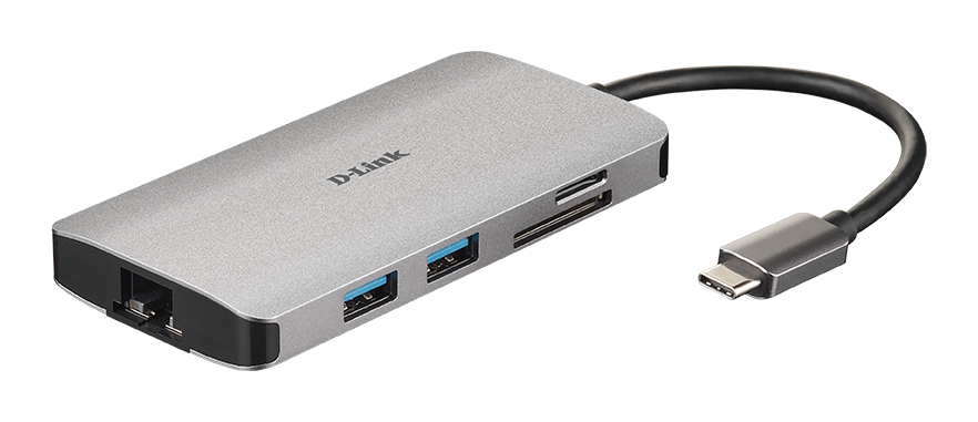USB-C HUB 8Port D-Link DUB-M810 3xUSB3.0 USB-C HDMI 4K SD microSD Gigabit Lan RJ45 passiv Grey