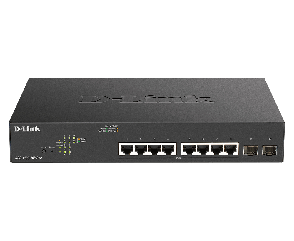 8P+2P D-Link DGS-1100-10MPV2/E M RM 2xSFP PoE (130W)