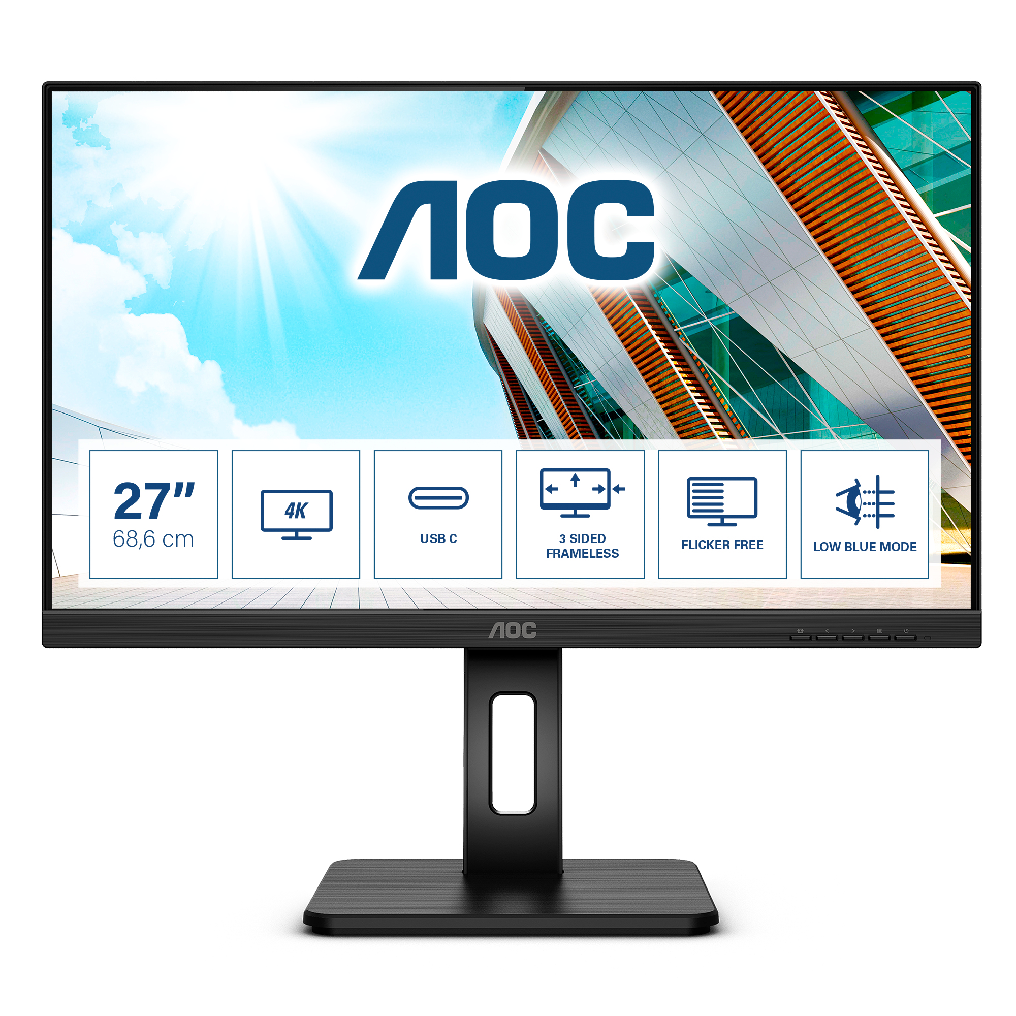 68,6cm/27" (3840x2160) AOC U27P2CA 16:9 4K IPS 4ms 60Hz HDMI DP USB-C Pivot Black