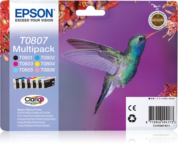 Epson T0807 Multipack Sort Gul Cyan Magenta Lys magenta Lys cyan Blæk C13T08074021