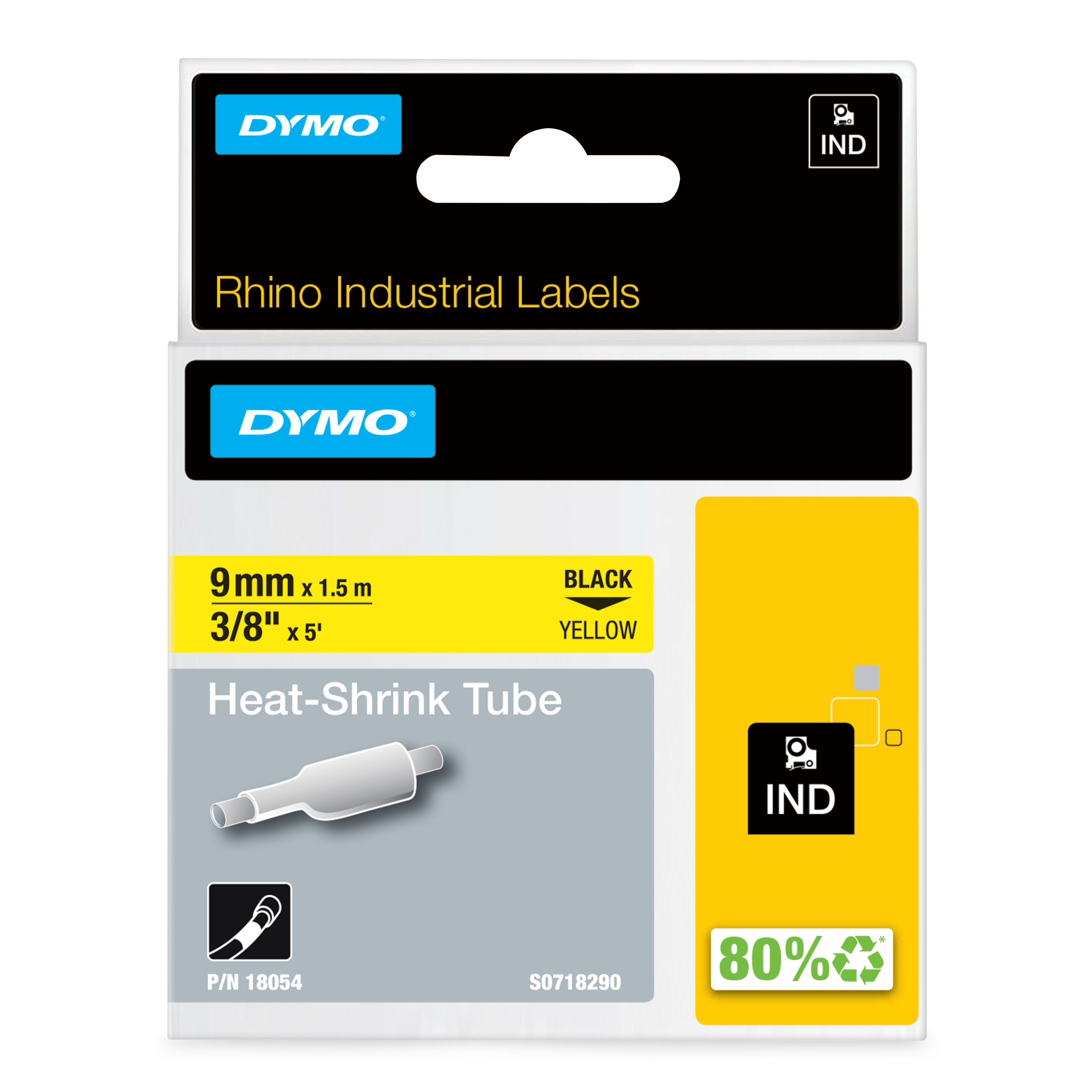 Dymo Rhino ORIGINAL IND Heischrumpfschlauch 9mm x 1,5m, schwarz auf gelb, Etiketten- Schrumpfschlauch (fr Durchmesser 1,73-3,73 mm, 18054)