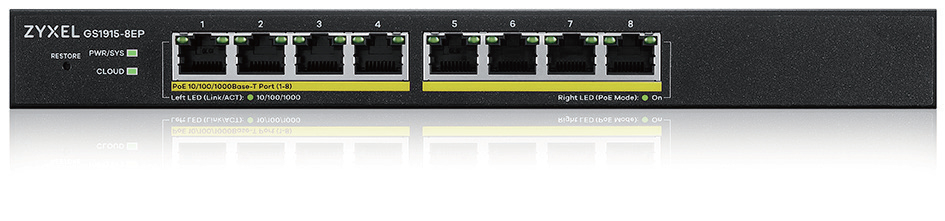 Zyxel GS1915-8EP, 8-port GbE PoE  Smart hybrid mode Switch,  standalone or NebulaFlex Cloud, 60 Watt 802.3at, desktop, fanless