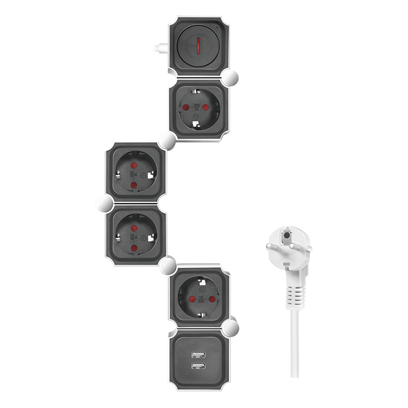 Outlet Strip, 4 safety sockets, snake-shaped, 2x USB-A, white/black
