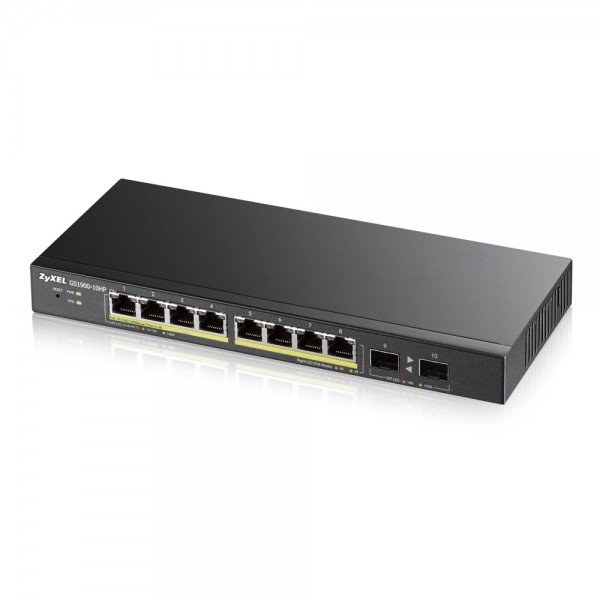 Zyxel GS1900-8HP, 8-port GbE L2 PoE  Smart Switch, 802.3at,  desktop, fanless, 70 Watt