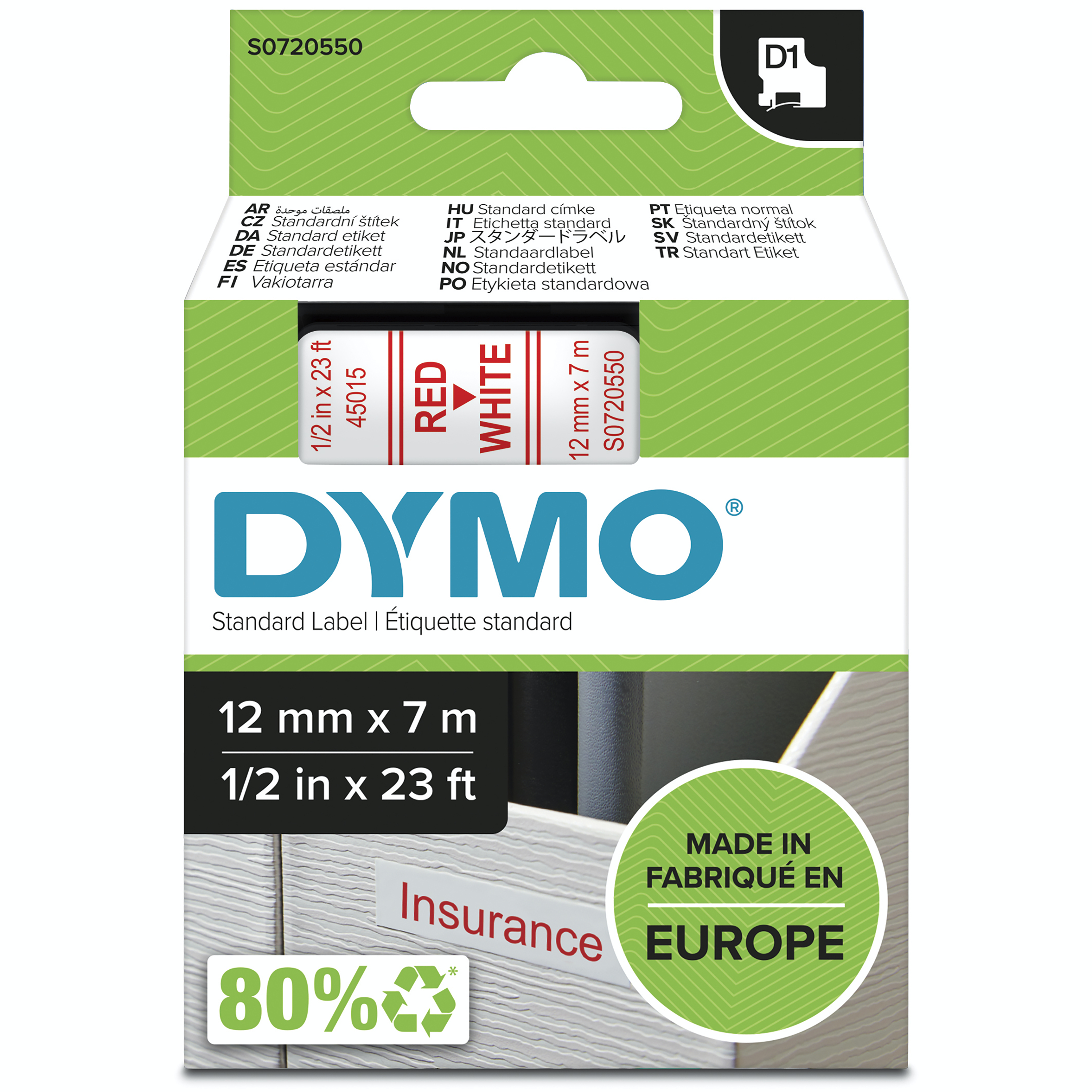 Dymo LabelWriter - D1 Etiketten selbstklebend - 12 mm x 7 m - Rot auf Weiß - (S0720550)