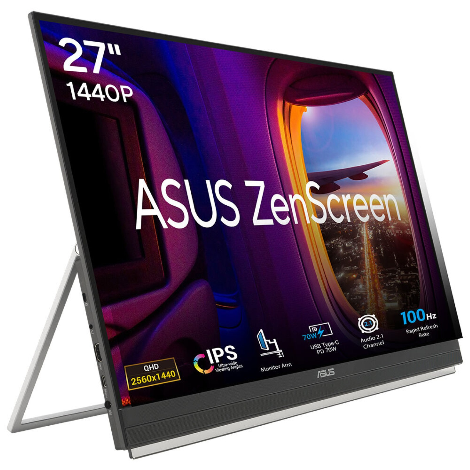 LCD ASUS 27"" MB27ACF ZenScreen Transportable Monitor 2560x1440p IPS 100Hz USB-C C-clamp carrying handle/kickstand