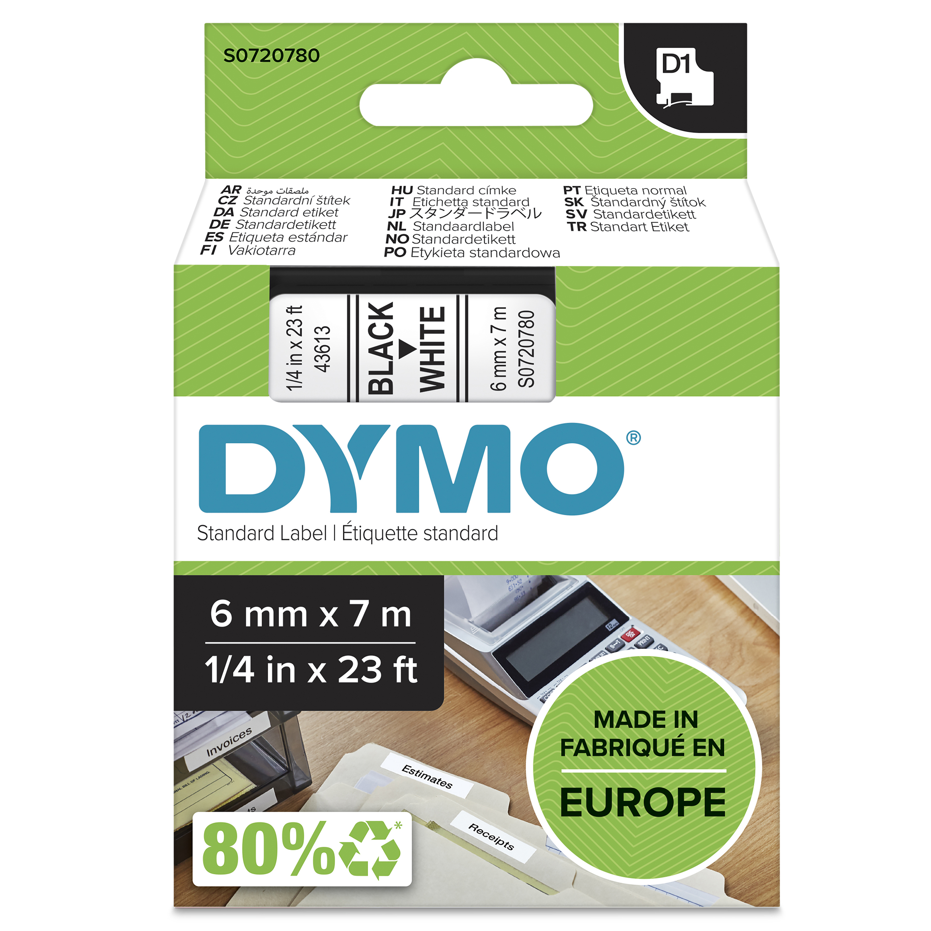 Dymo LabelWriter - D1 Etiketten Selbstklebend - 6 mm x 7 m - Schwarz auf Weiß (S0720780)