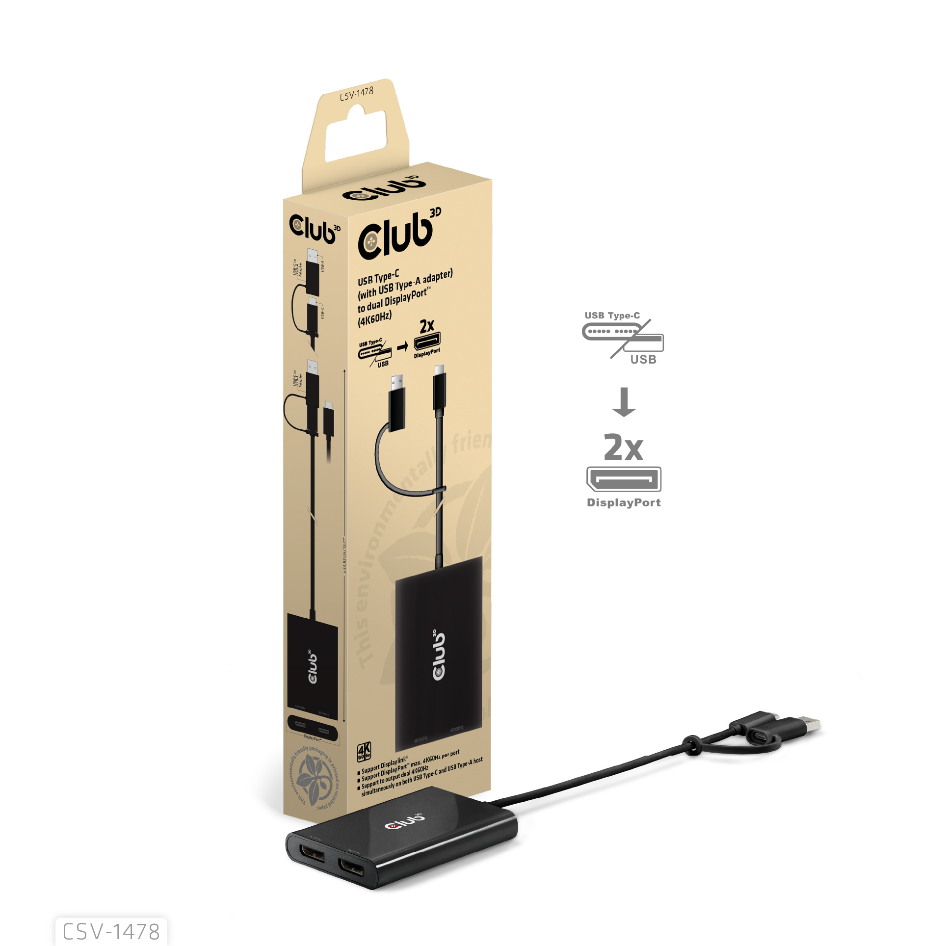 Club 3D CSV-1478 USB-C til Dual DisplayPort aktiv adapter Sort