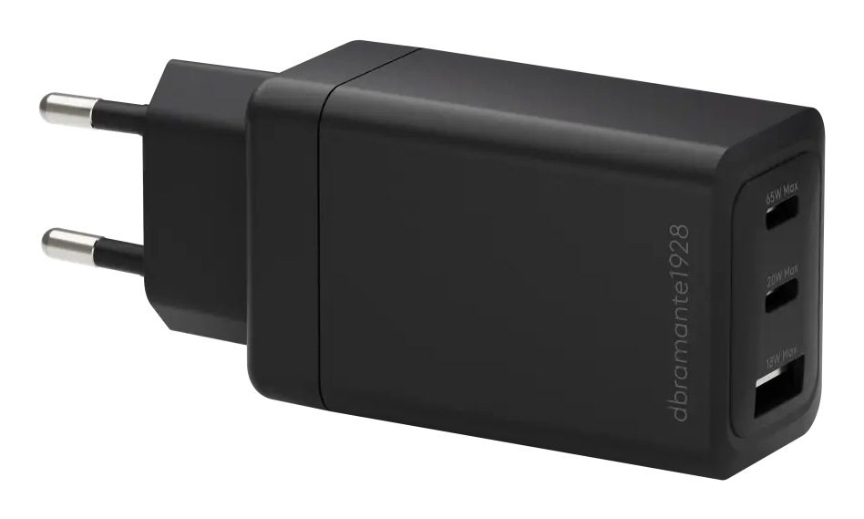 dbramante1928 re-charge - Netzteil - 65 Watt - 3 Ausgabeanschlussstellen (2 x USB-C, USB) - Schwarz