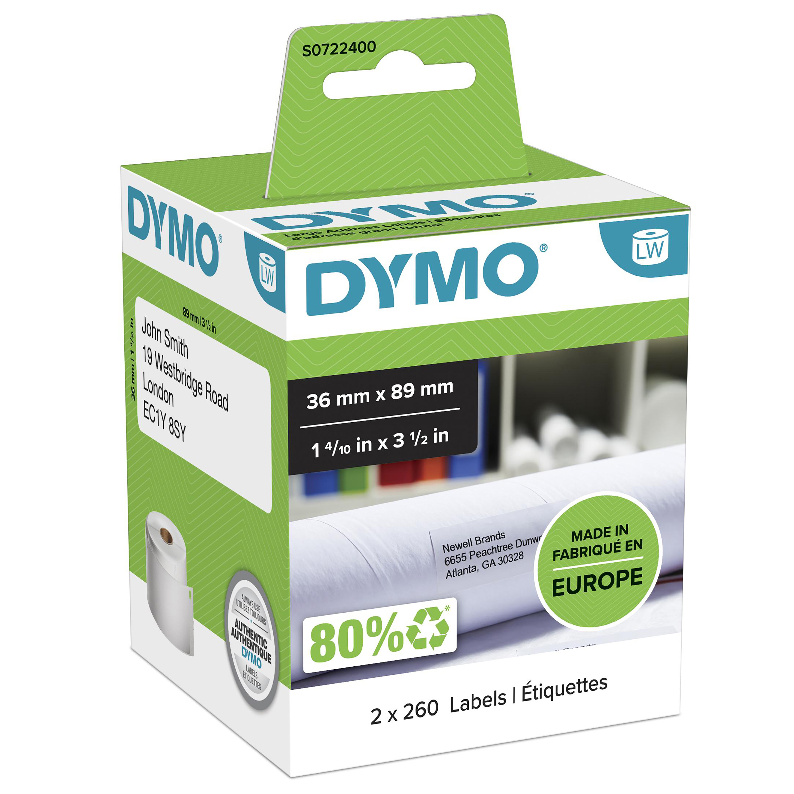 DYMO Large Address Labels 36 x 89  mm 89mm x 36mm, 260labels,  Black on white