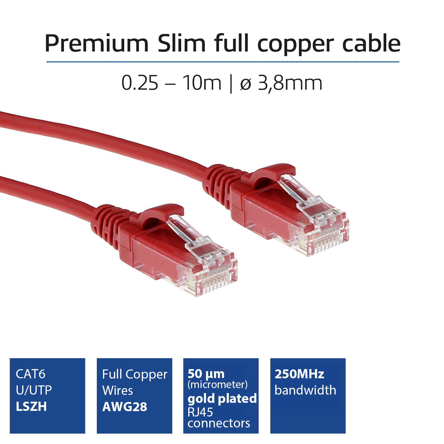 Red 0.25 meter LSZH U/UTP CAT6 datacenter slimline patch cable snagless with RJ45 connectors