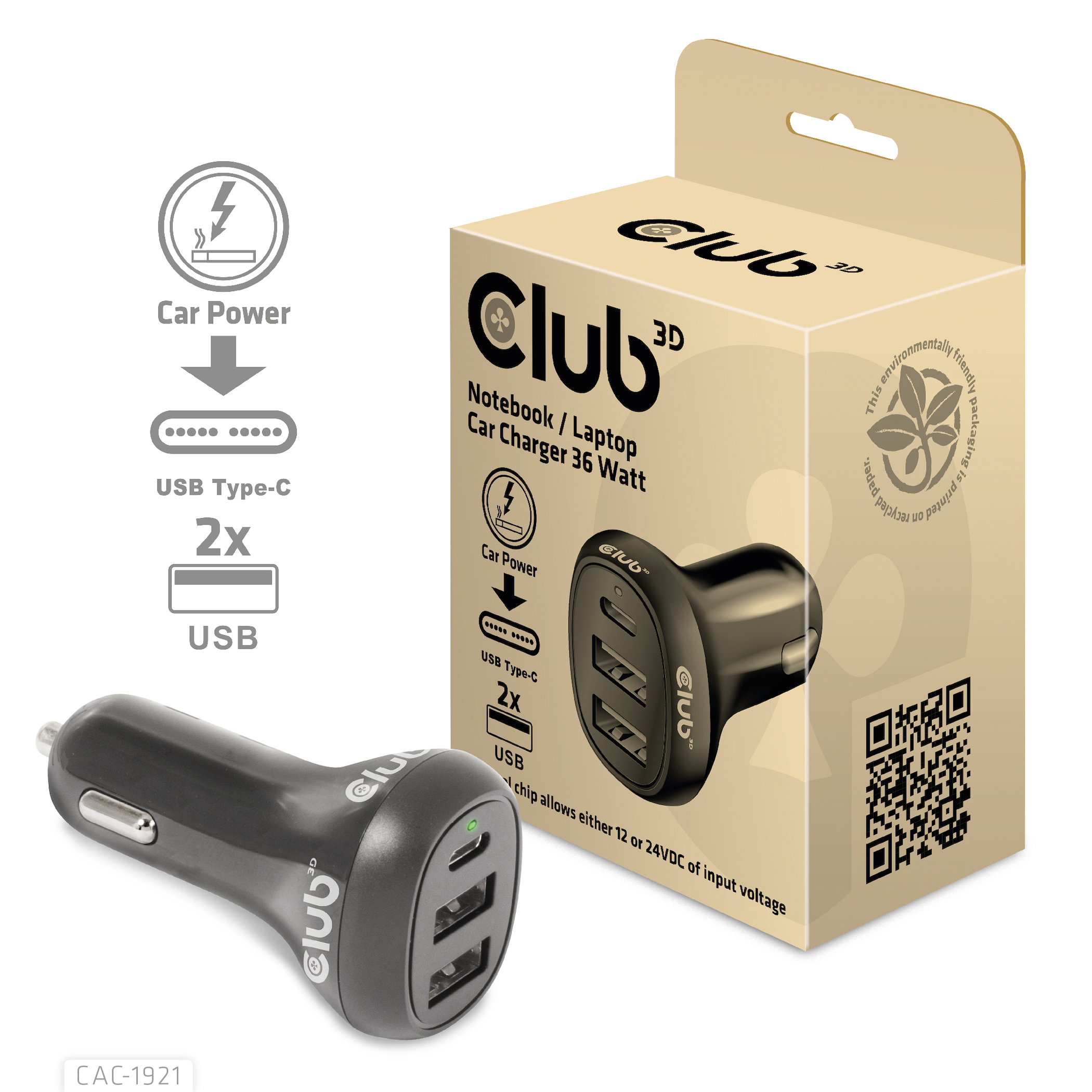 Club3D USB KFZ-Ladegerät 1xUSB C, 2xUS