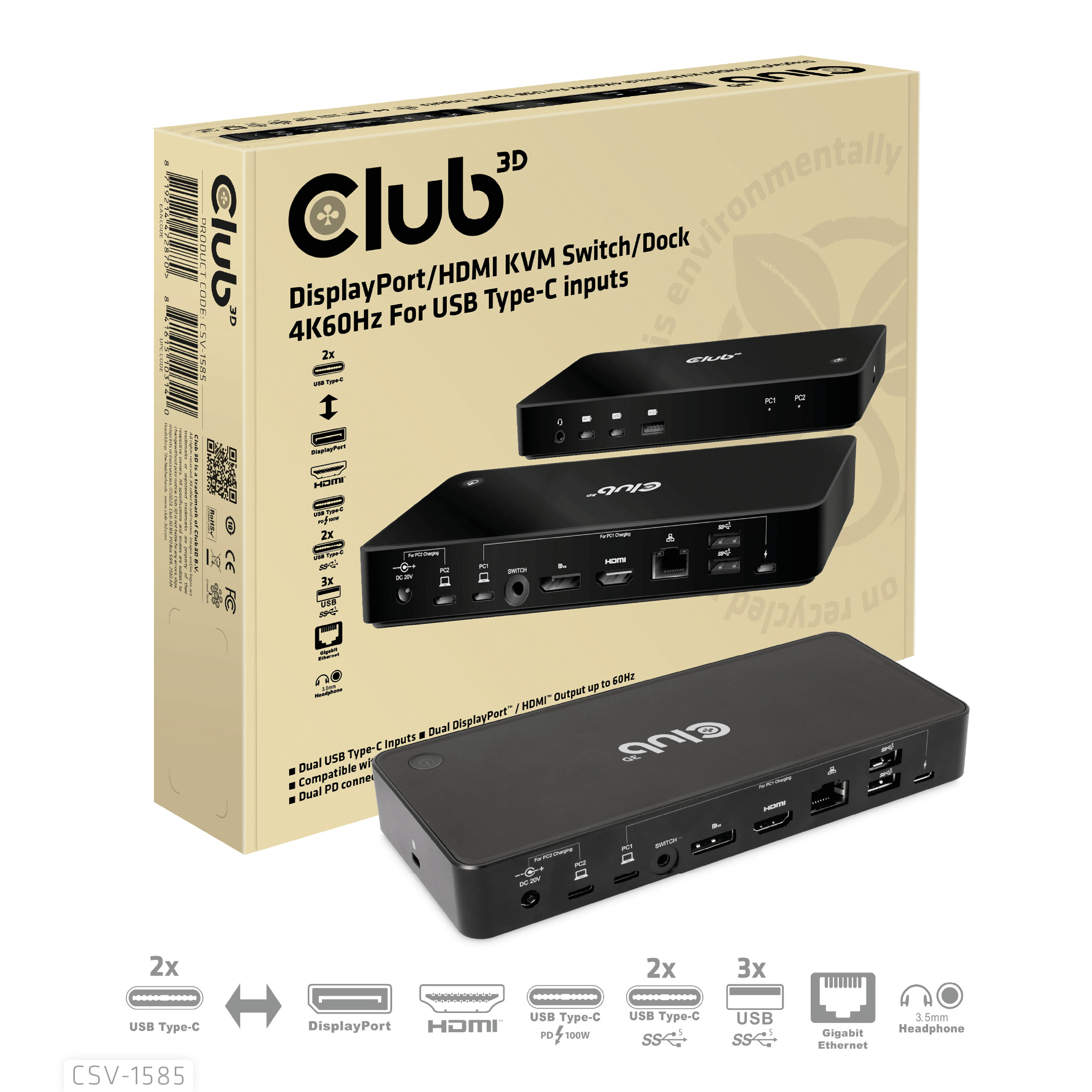Club3D KVM Switch 4K60Hz 2x USB-C> HDM