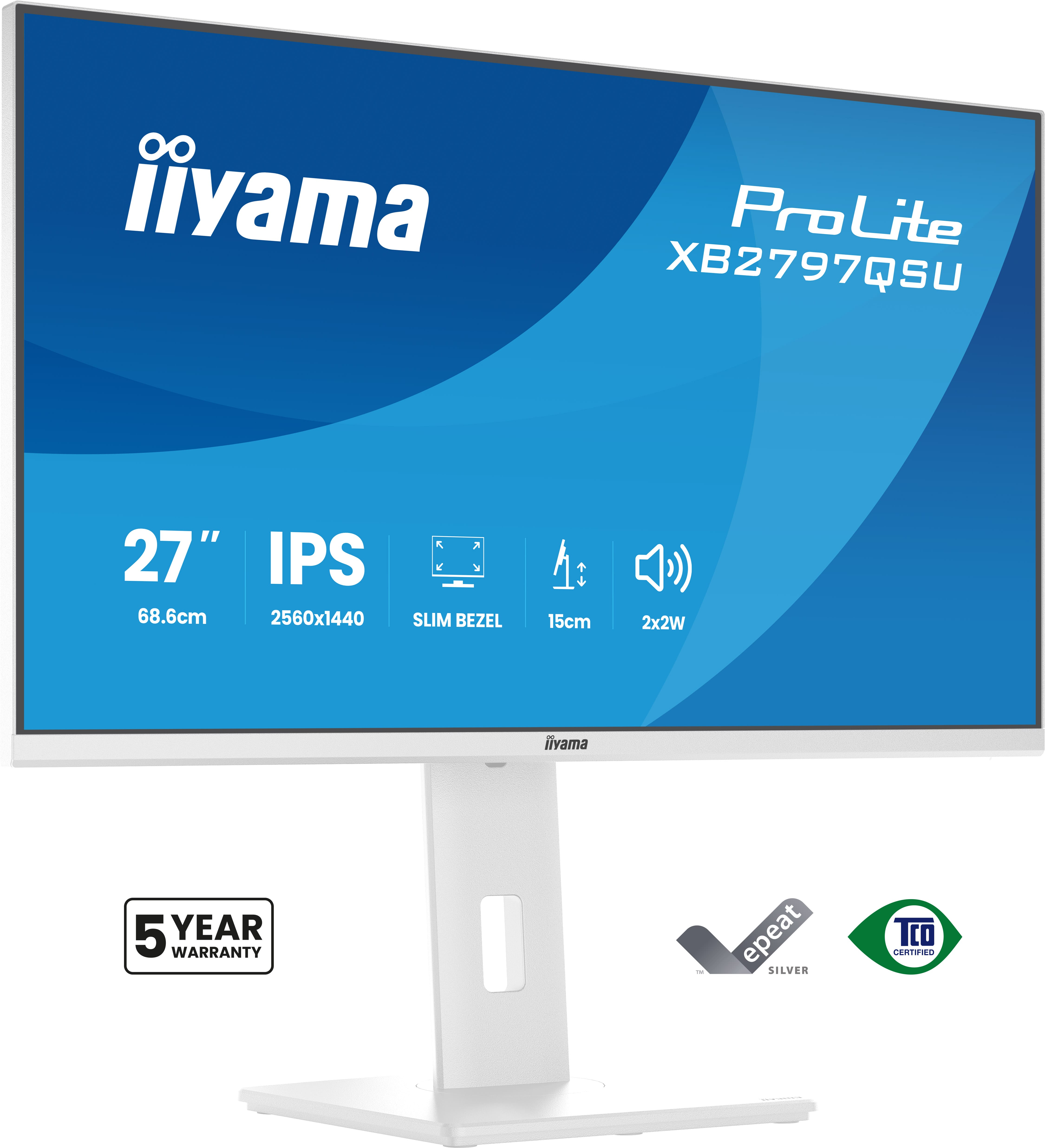 68,5cm/27" (2560x1440) iiyama ProLite XB2797QSU-W1 16:9 WQHD IPS 1ms 75Hz HDMI DisplayPort USB VESA Speaker White