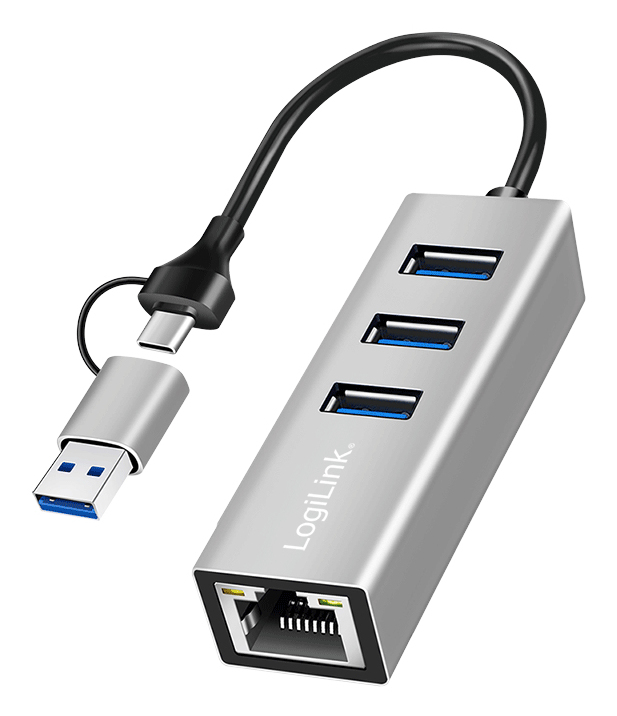 Logilink USB 3.2 Gen1 Hub, 3-port, with Gigabit Ethernet Adapter, USB-A+C, aluminum