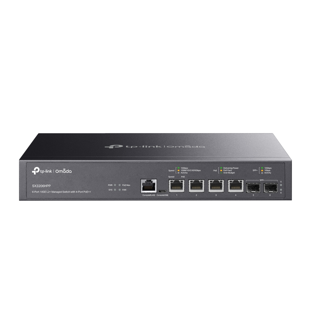 TP-LINK Omada 4-Port PoE++ 10GBase-T L2+ Managed Switch with 2 10GE SFP+ Slots 4x 10G PoE++ Ports 2x 10G SFP+ Slots RJ45/Micro-USB
