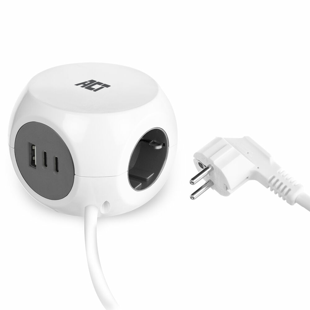 Power strip cube with 3 type F sockets, 30W Power Delivery USB-C/A ports, cable length 1.5m
