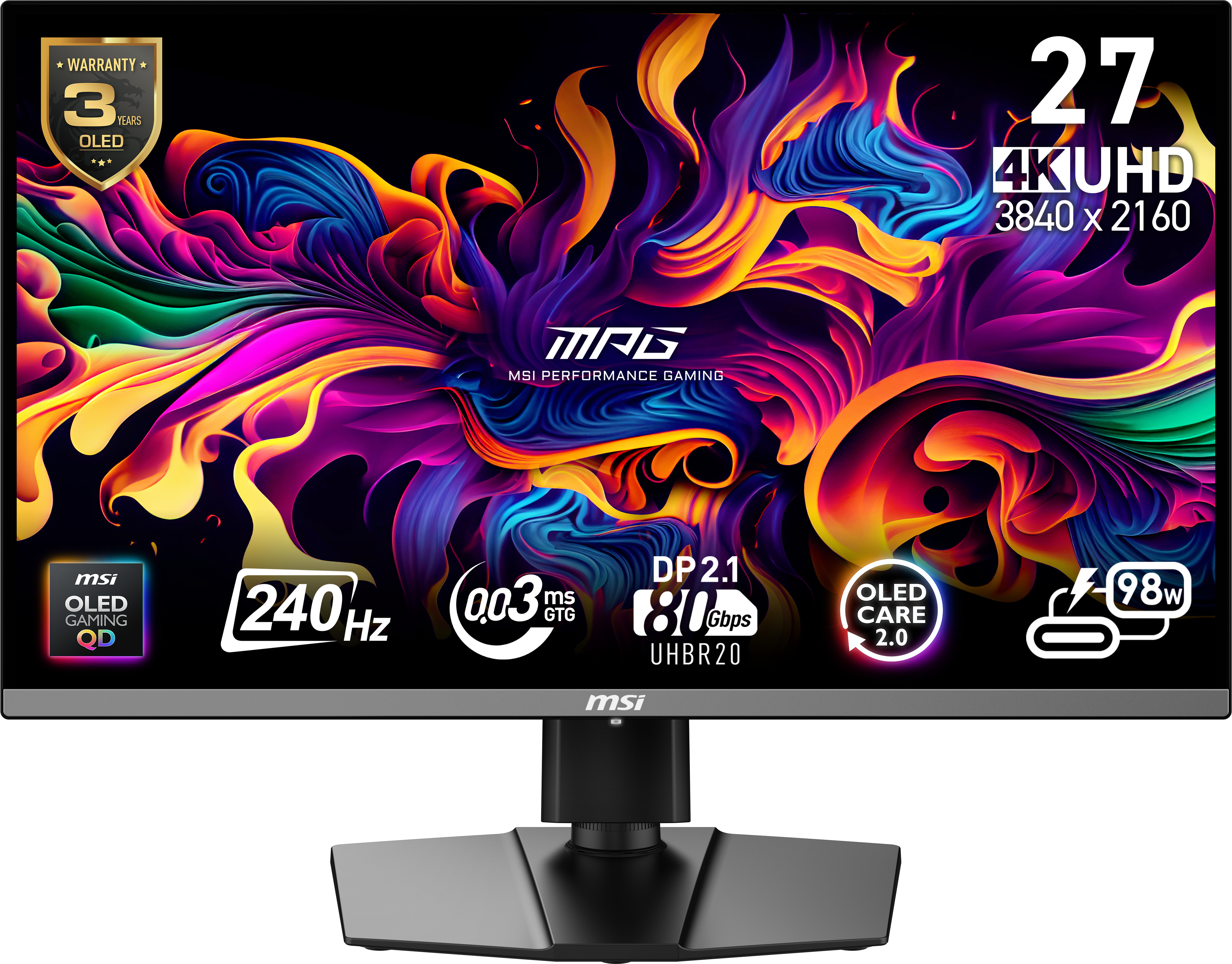 67,3 cm (26.5") 3840 x 2160 Pixel MSI 9S6-3CD79A-015 16:9 4K Ultra HD QD-OLED 0,03 ms 240 Hz HDR DisplayPort HDMI USB-Hub Pivot Height VESA