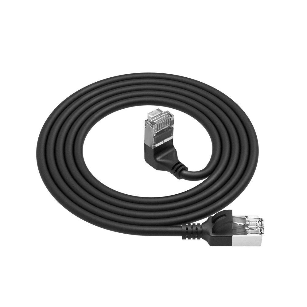 Black 0.15 meters U/FTP CAT6A LSZH Slimline patch cable with RJ45 connectors 90° angled up to straight