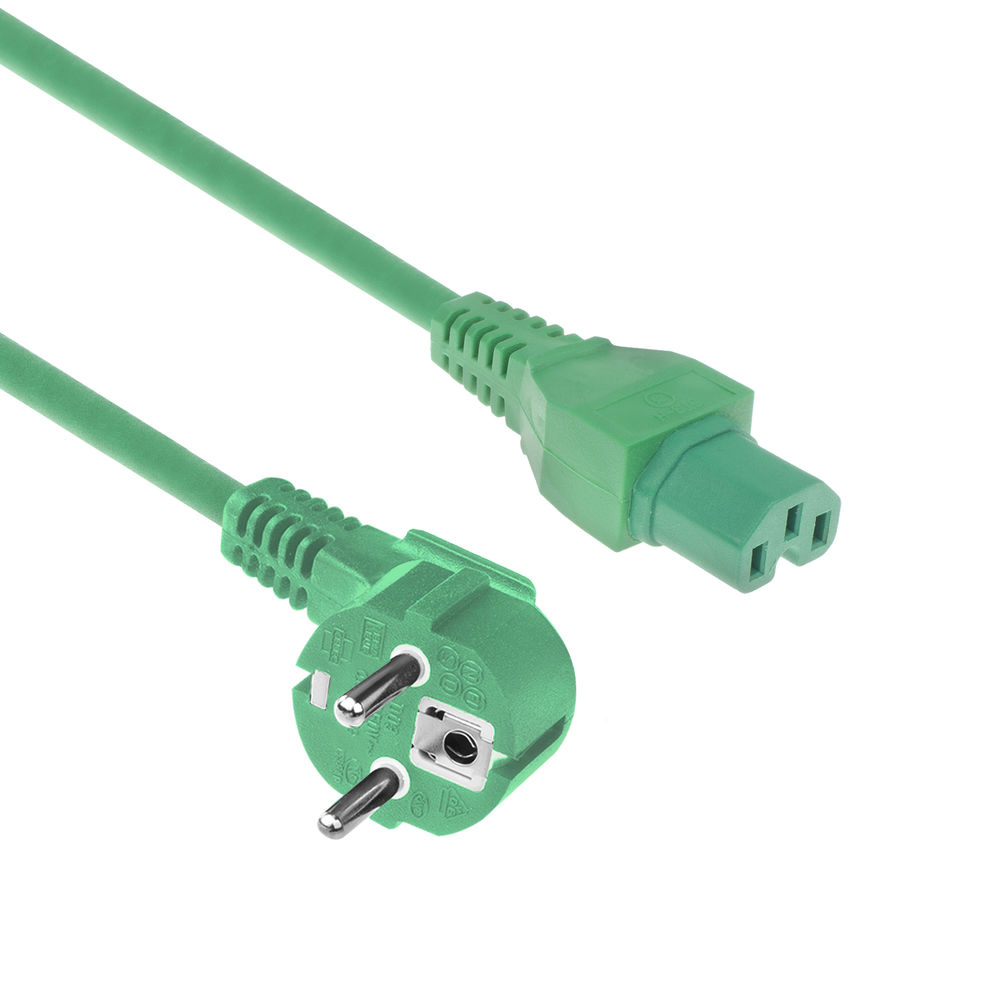 Powercord mains connector Schuko CEE 7/7 male (angled) - C15 IEC 60320 green 1.5 m