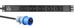 Lanview 19" rack mount power strip,  1U, 16A with 10 x C13 socket,  AMP meter and 3m power cord and IEC 60309 16A plug